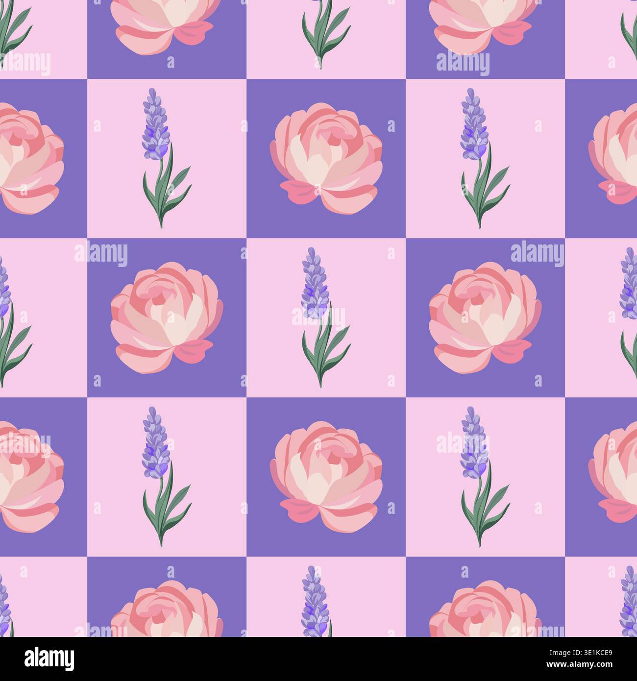 Seamless vector checkered pattern with peony and lavender flowers in pink and purple squares. Spring floral repeat for textile, wallpaper and print. Stock Vector