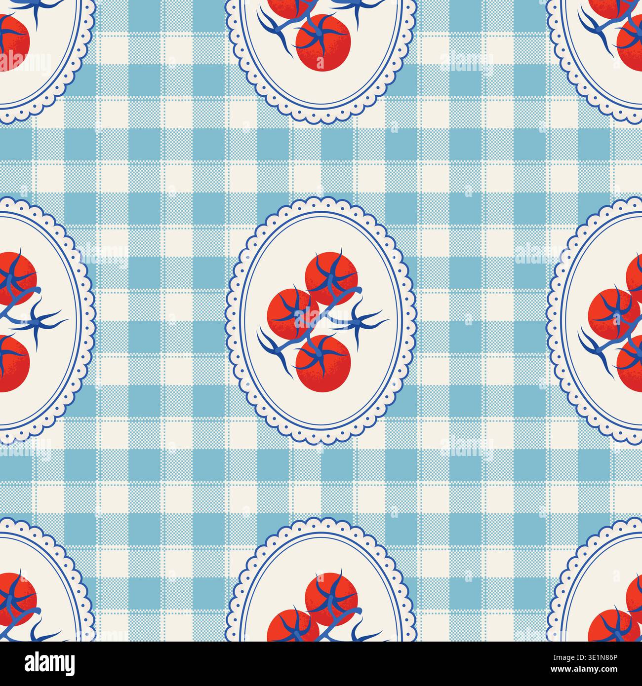 Mediterranean Summer Seamless Pattern with Tomato Vine on a Gingham Background. Rustic Vector Design. Stock Vector