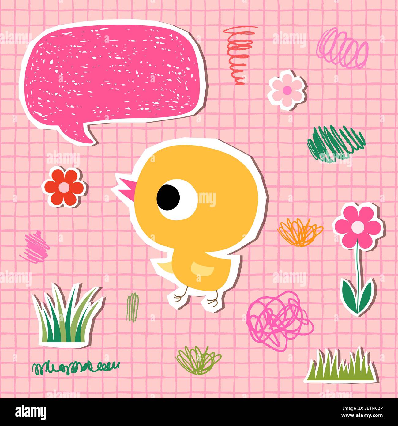 Cute greeting card, poster or banner with Easter chicken on pink background with flowers and scribbles Stock Vector