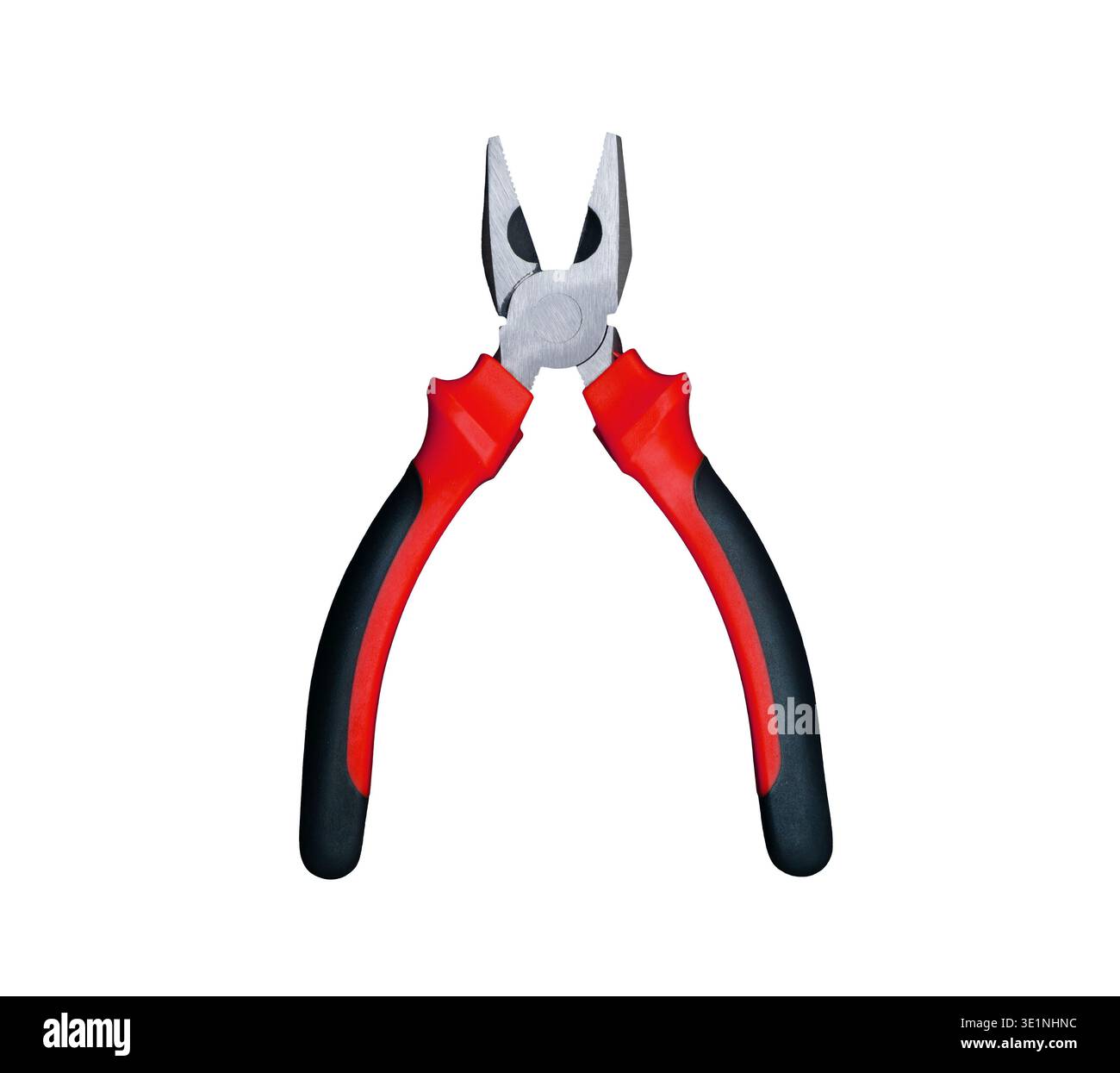 Open combination pliers with red and black handles isolated on a clear white background Stock Photo