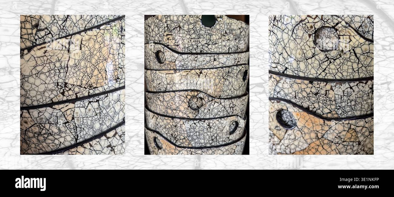 Triptych of semi-abstract detail based on eggshell decorated, laquered deep, Vietnamese bowls (with hole for chopsticks). Stock Photo