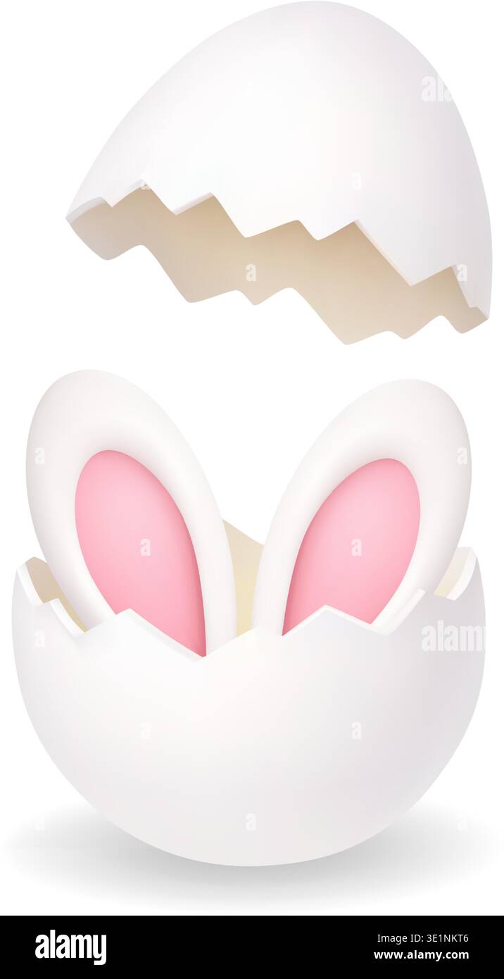 Broken Easter egg with bunny ears inside. 3D holiday illustration Stock Vector