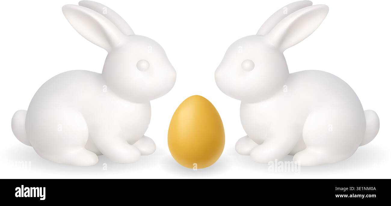Two white Easter bunnies with golden egg. Minimal 3D spring illustration Stock Vector
