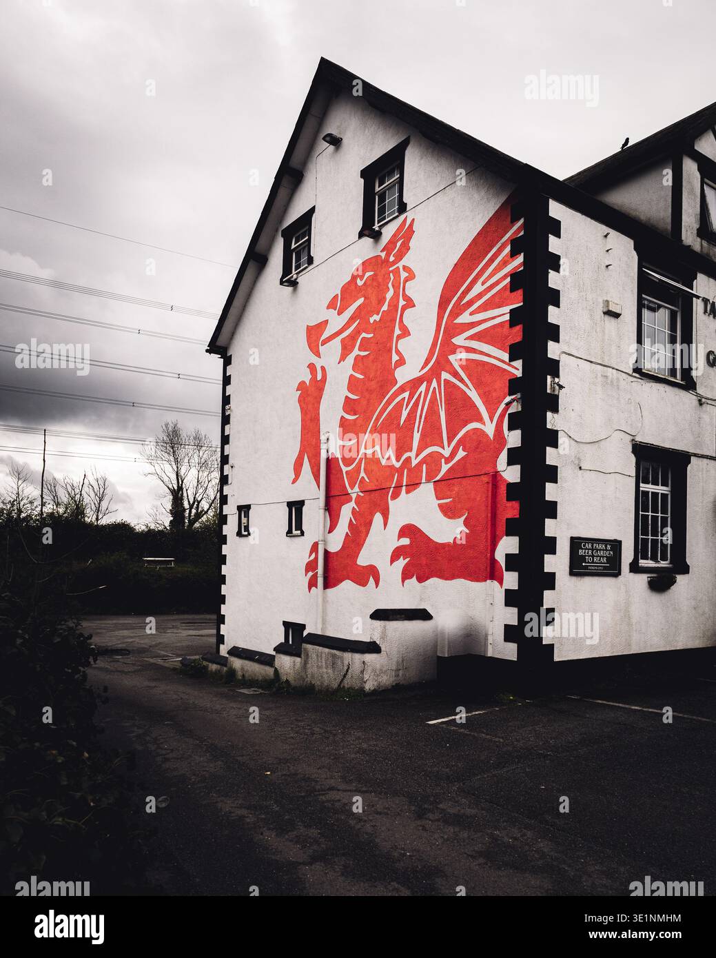 Welsh Rugby Mural A large painted red Welsh dragon mural on the white rendered gable end ...