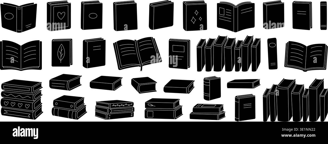 Silhouette vector set of books. Including open, closed, stacked, and decorated books Stock Vector