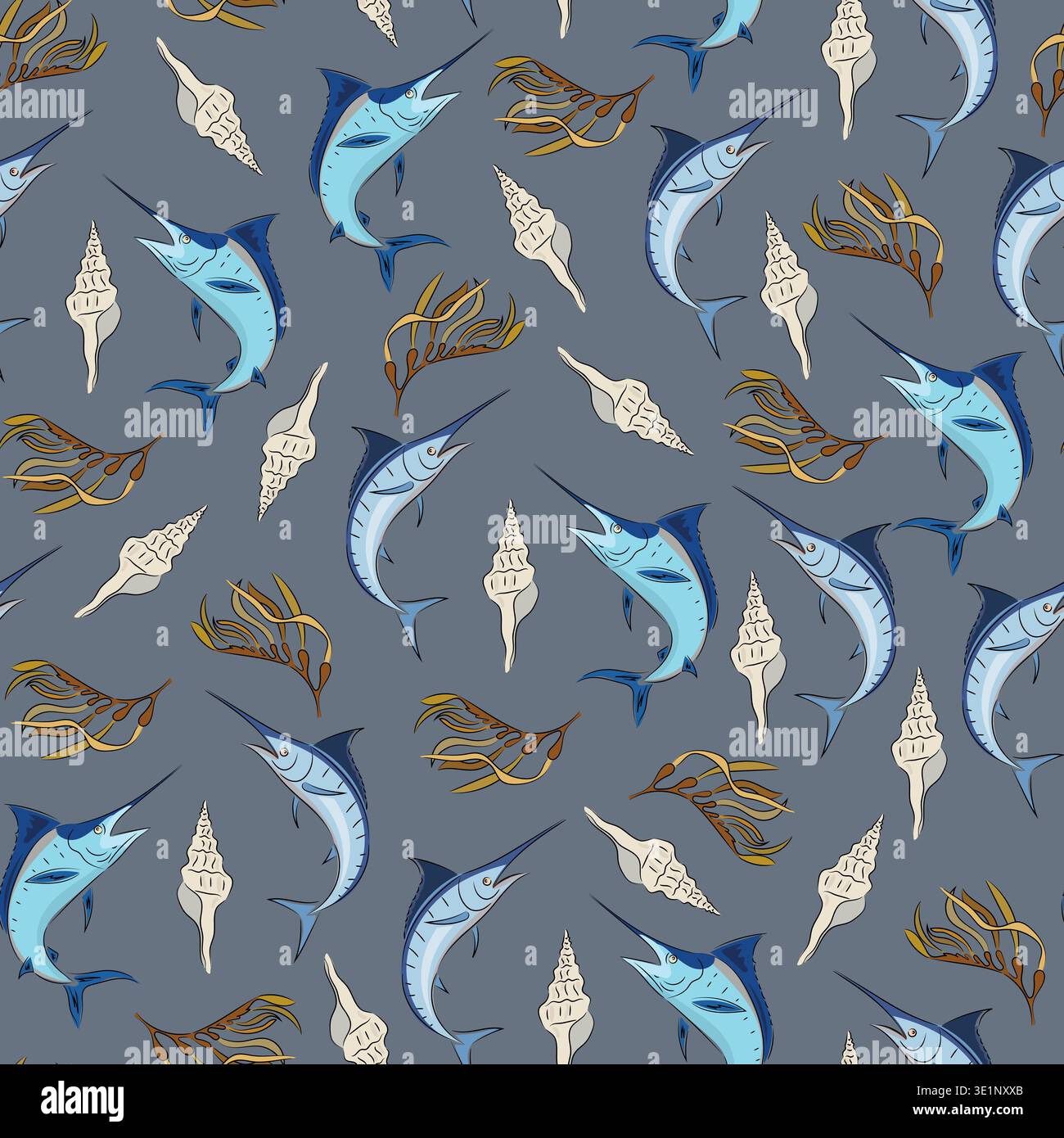 Seamless pattern sea with marlin, shells and seaweed. Flat vector background with sea life, swordfish and clam shells. Hand drawn, scribble. Stock Vector