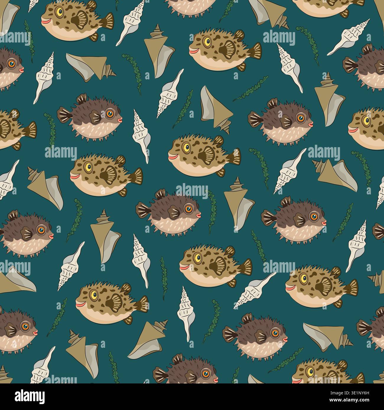 Seamless pattern marine with pufferfish, shells and seaweed, cute sea animals, and seashells. Flat vector background. Hand drawn, scribble. Stock Vector