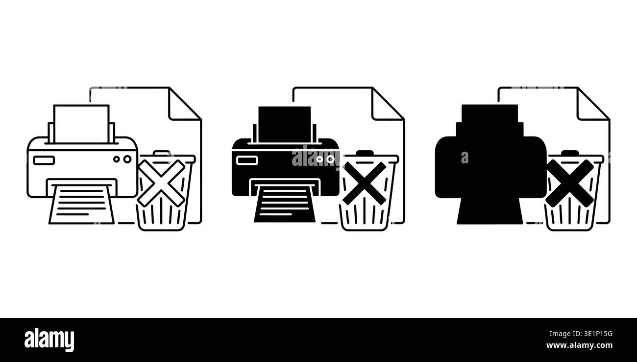 A set of three flat vector icons representing a document printing process cancelled with a trash bin Vector Stock Vector