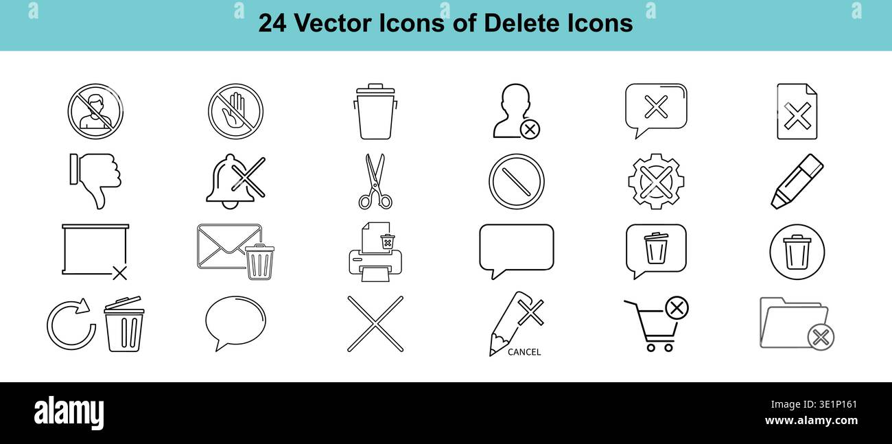 A comprehensive collection of twenty-four black outline vector icons representing delete actions Vector Stock Vector