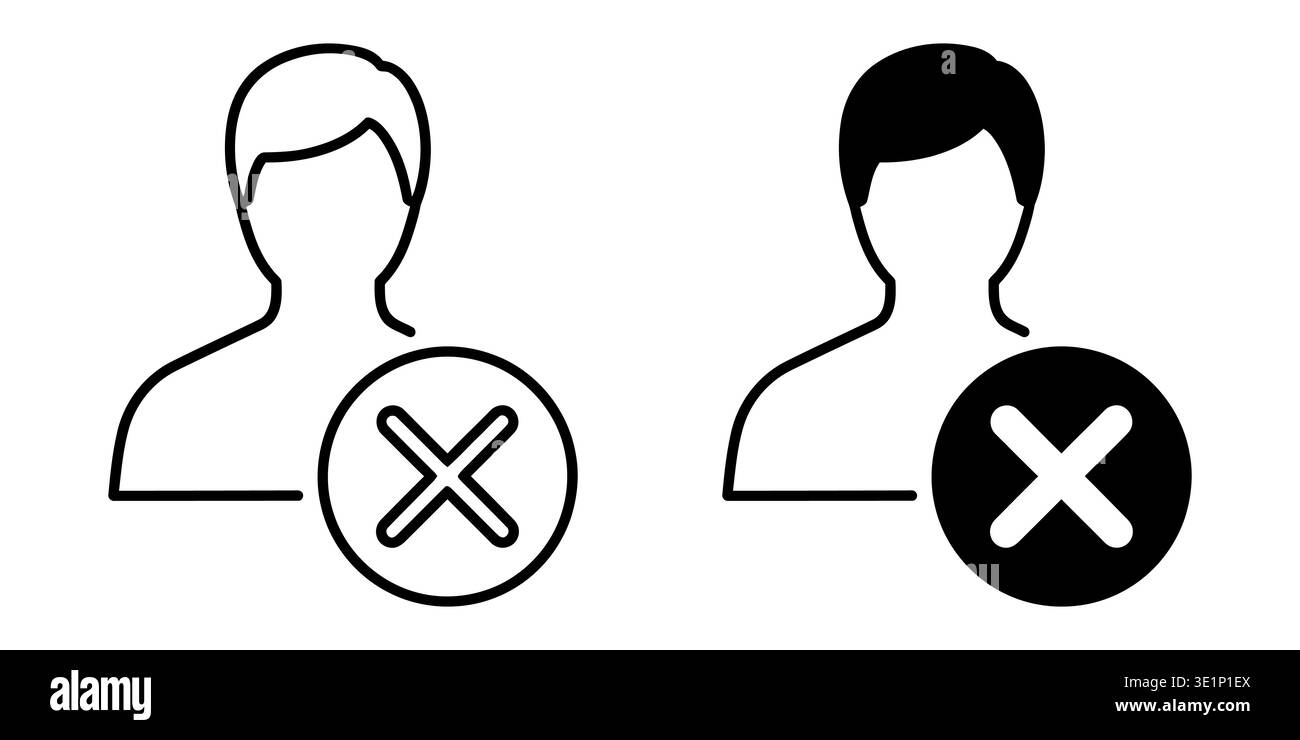 Two user profile icons displaying a delete or remove symbol in both outline and solid black styles Vector Stock Vector