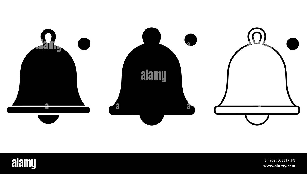 A set of three distinct bell notification icons presented in solid black and outlined vector styles Vector Stock Vector