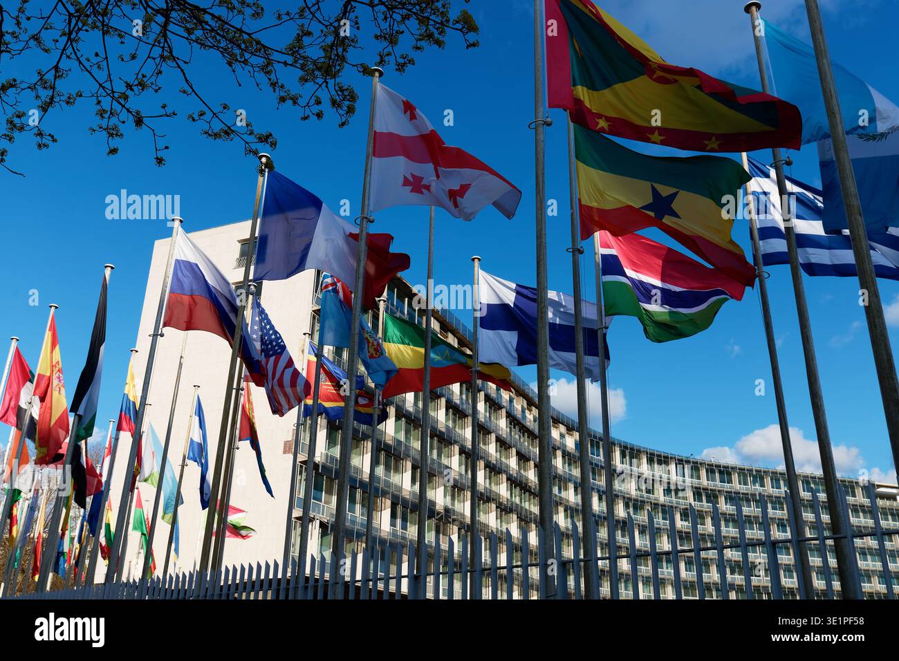 Paris, France - March 15, 2026 : Flags fluttering in the wind in front of the UNESCO (United Nations Educational, Scientific and Cultural Organization Stock Photo