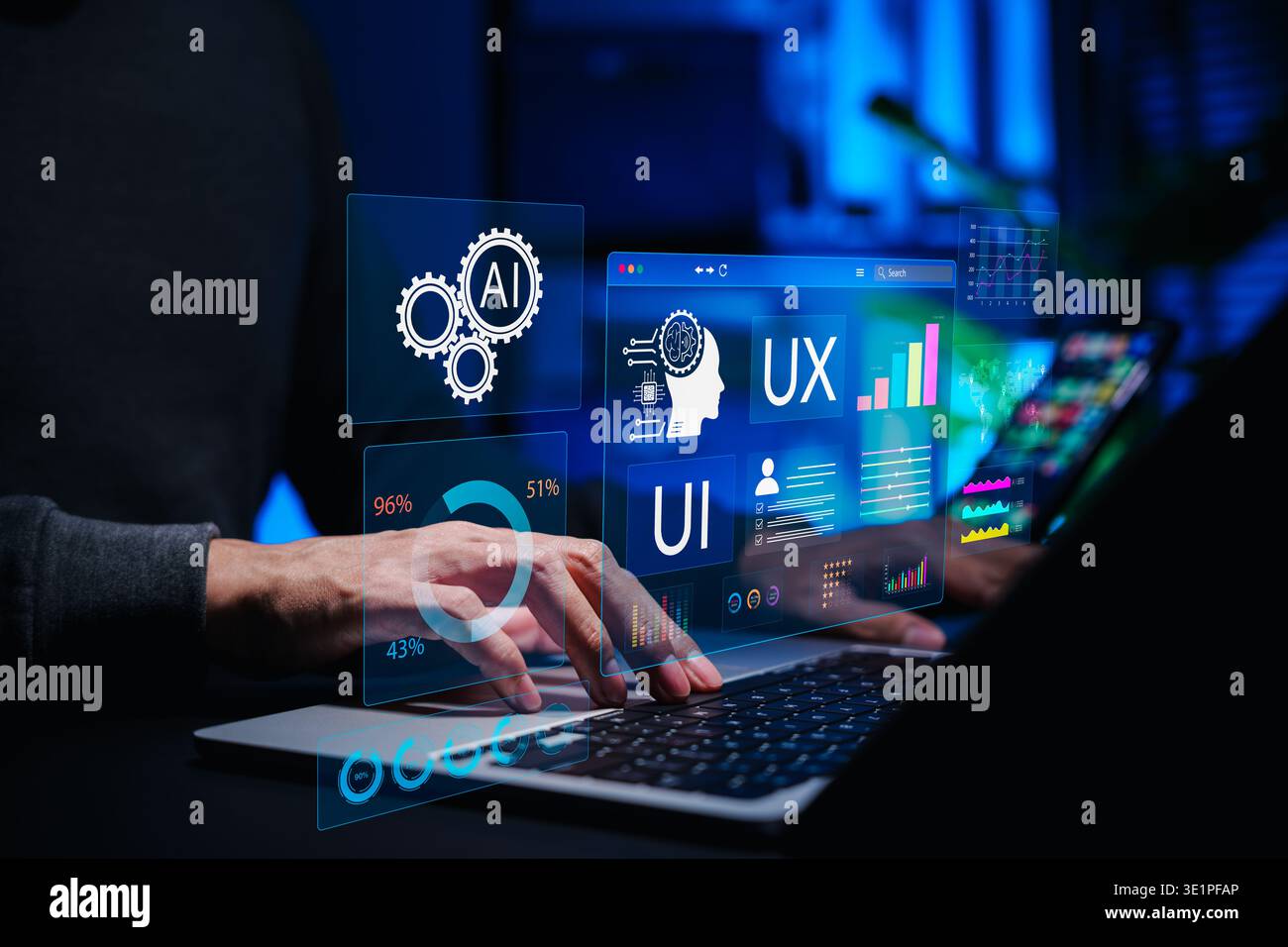 AI powered UX UI dashboard interface displaying analytics charts on laptop. Professional analyzing digital data, performance metrics, reports using AI Stock Photo