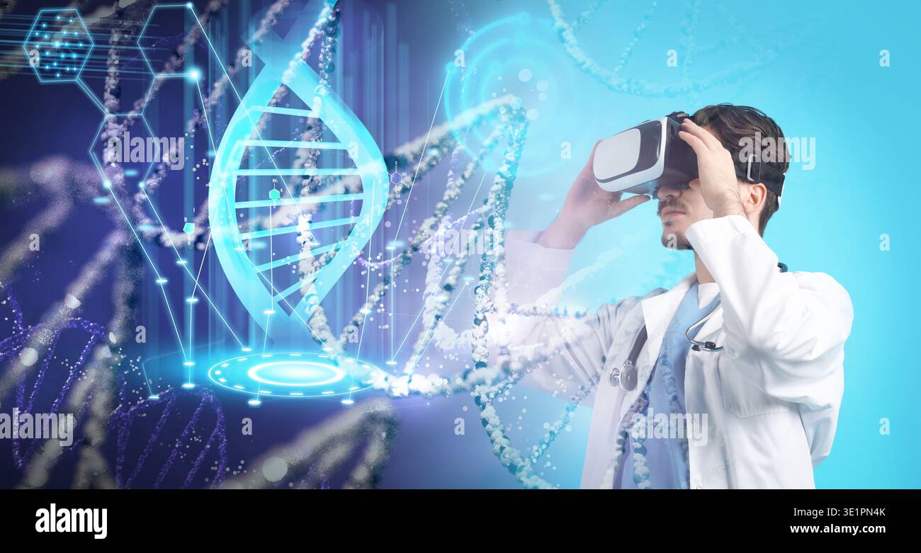 Scientist using VR headset, double exposure with virtual elements. Future technology in biochemistry Stock Photo