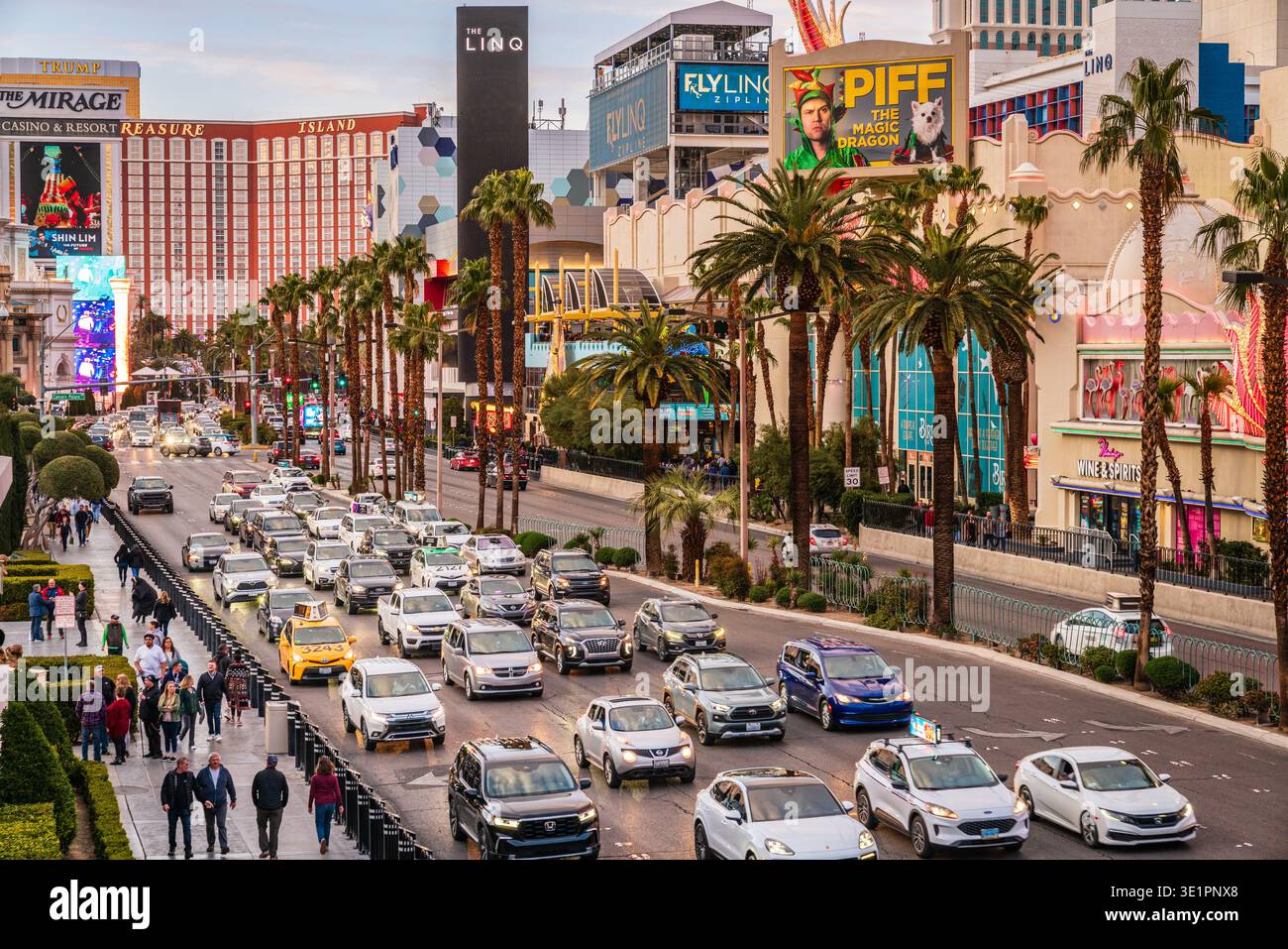 March 6, 2023, Las Vegas, NV: Evening traffic on Las Vegas Boulevard in Las Vegas, Nevada Stock Photo