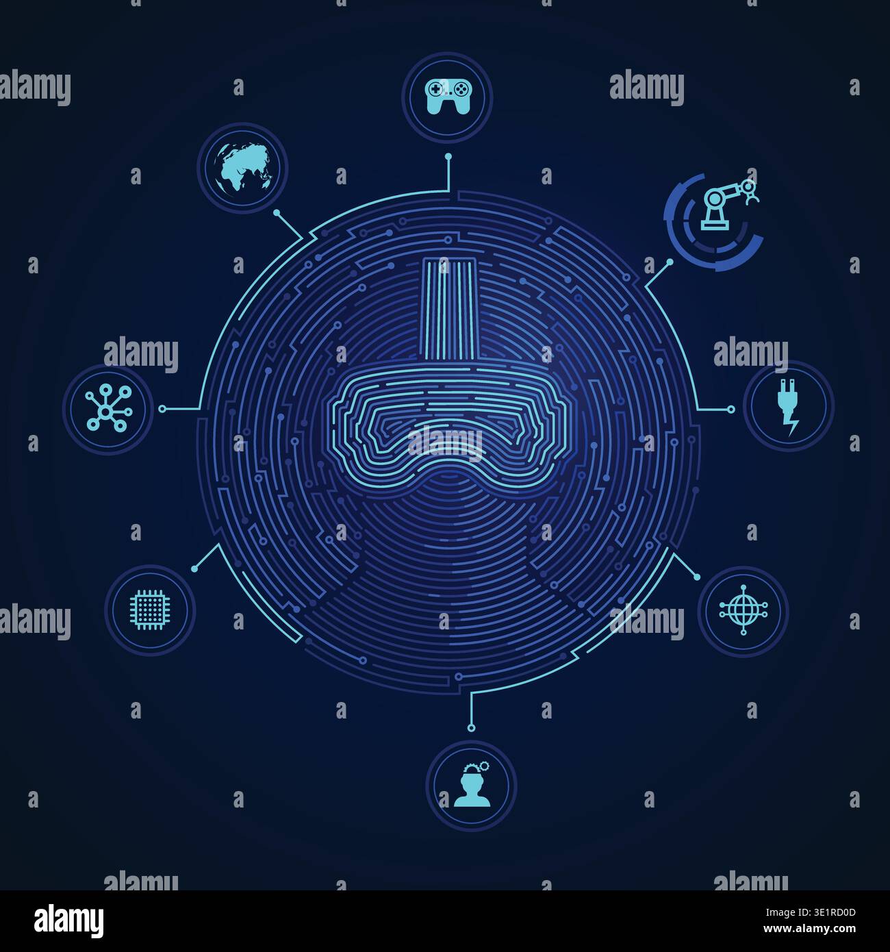 vr technology concept, virtual reality headset with digital technology icons Stock Vector