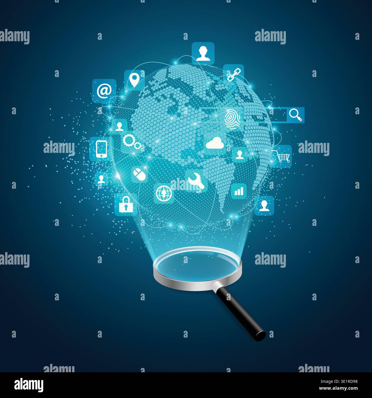 concept of search engine development, realistic magnifying glass with futuristic globe and digital technology icons Stock Vector