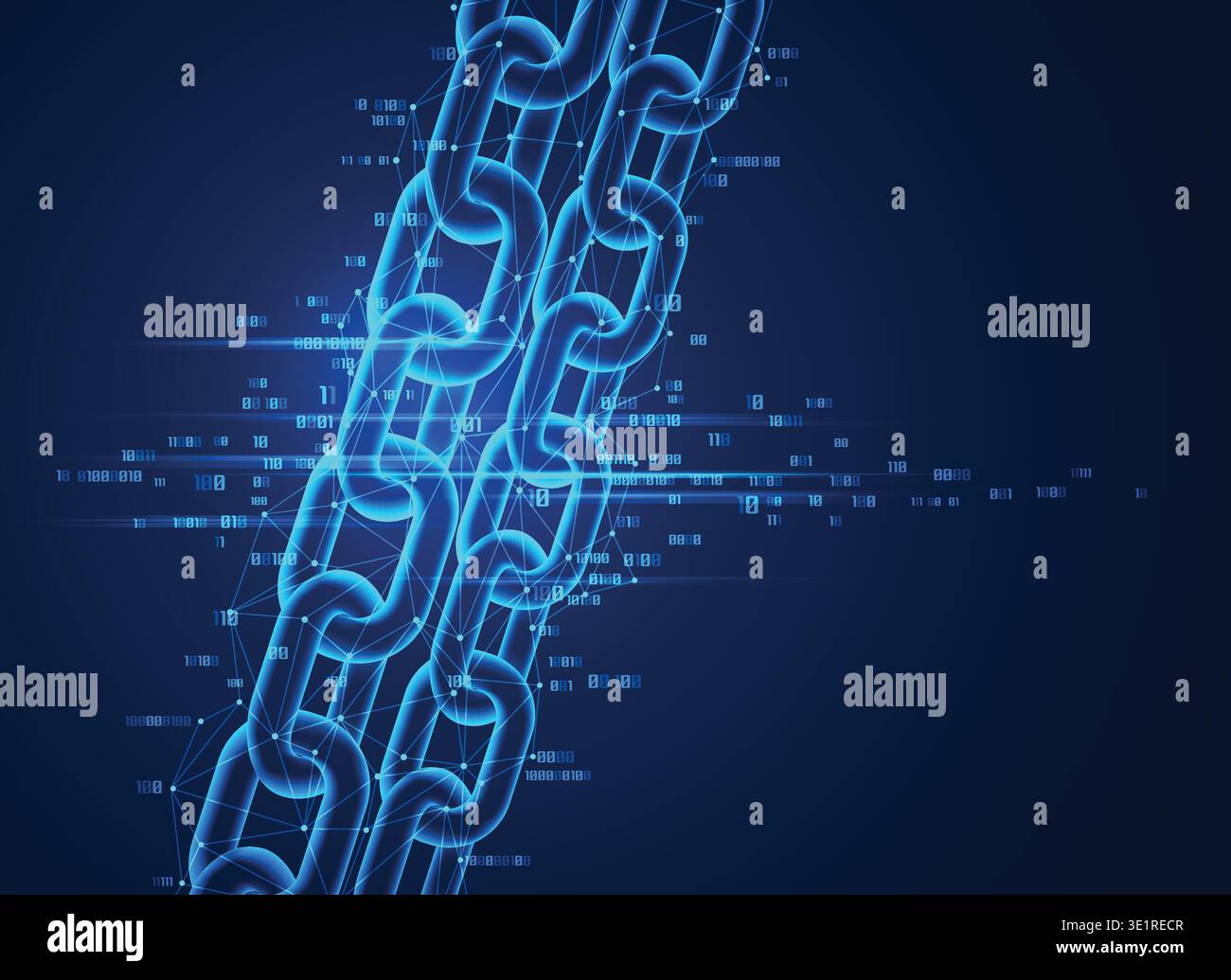 concept of block chain or cyberspace technology, realistic chain with low poly wireframe and binary code Stock Vector