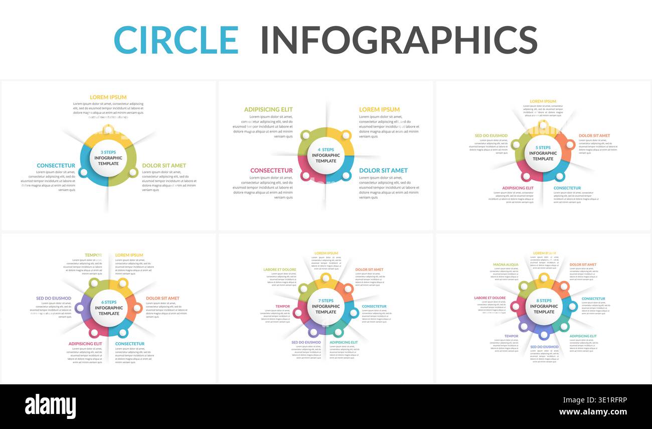 Circle diagram templates set - 3, 4, 5, 6, 7 and 8 elements, circle ...