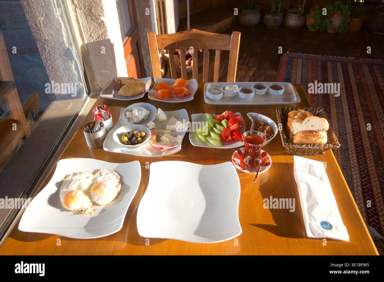 A full Turkish breakfast spread on a table Stock Photo
