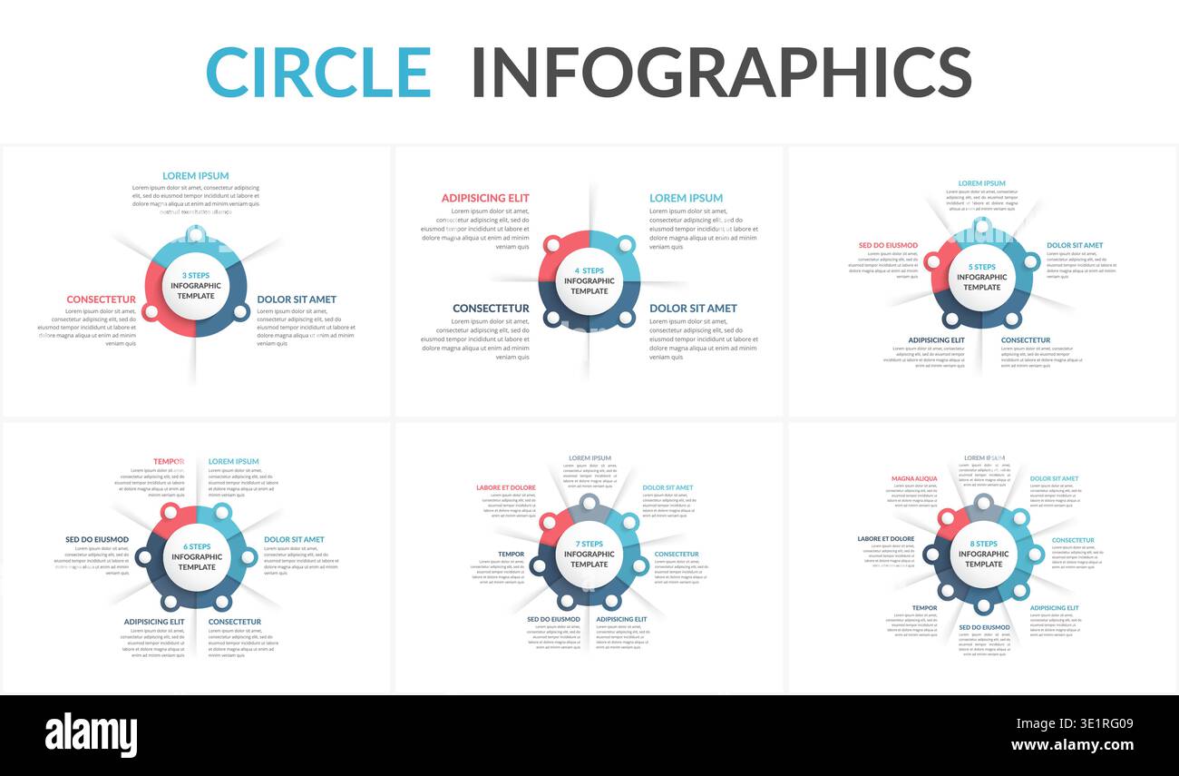 Circle diagram templates set - 3, 4, 5, 6, 7 and 8 elements, circle ...