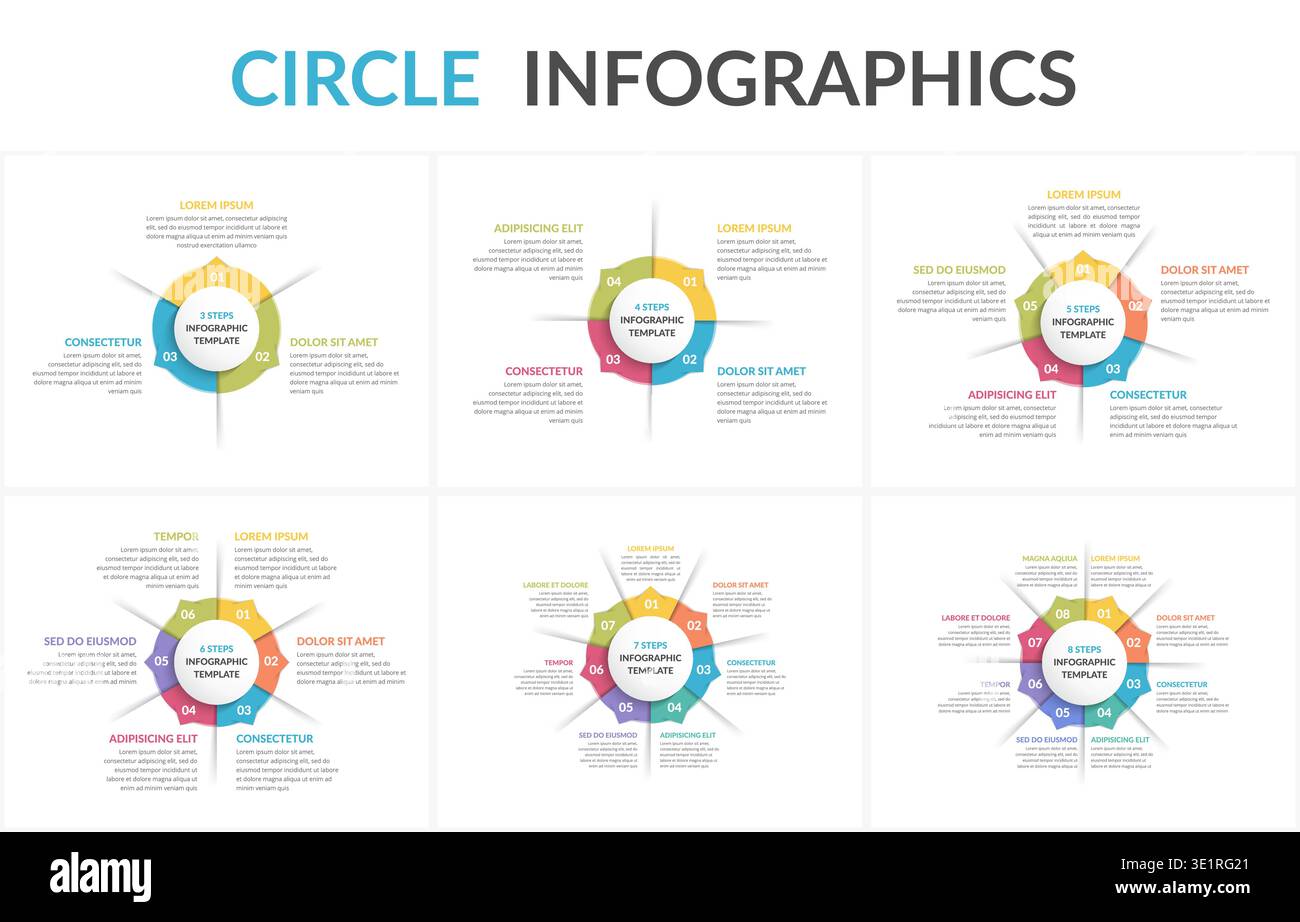 Circle diagram templates set - 3, 4, 5, 6, 7 and 8 elements, circle ...