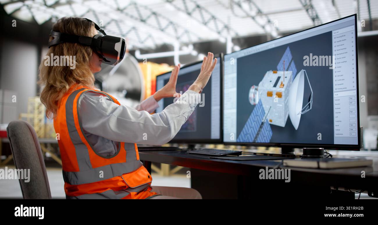 Innovative Female Engineer Creating Solar-Powered Rocket With VR Glasses Stock Photo