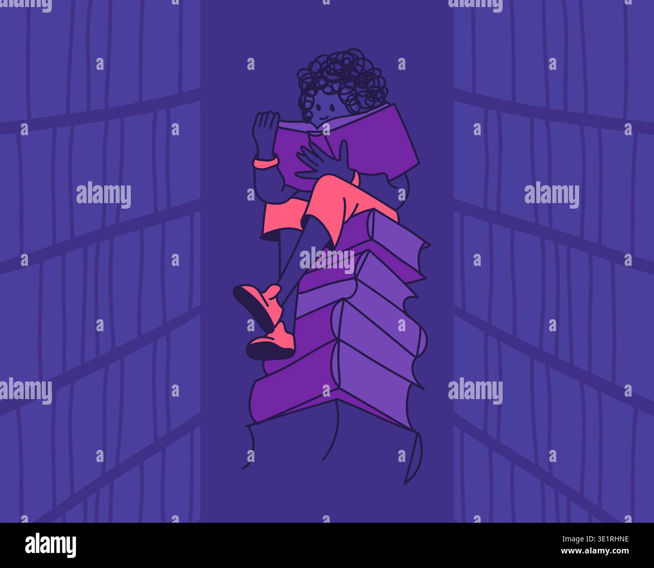 Reading Book Girl On Hight Books Stack. Library Reading Room Cartoon Outline Violet Illustration Stock Vector