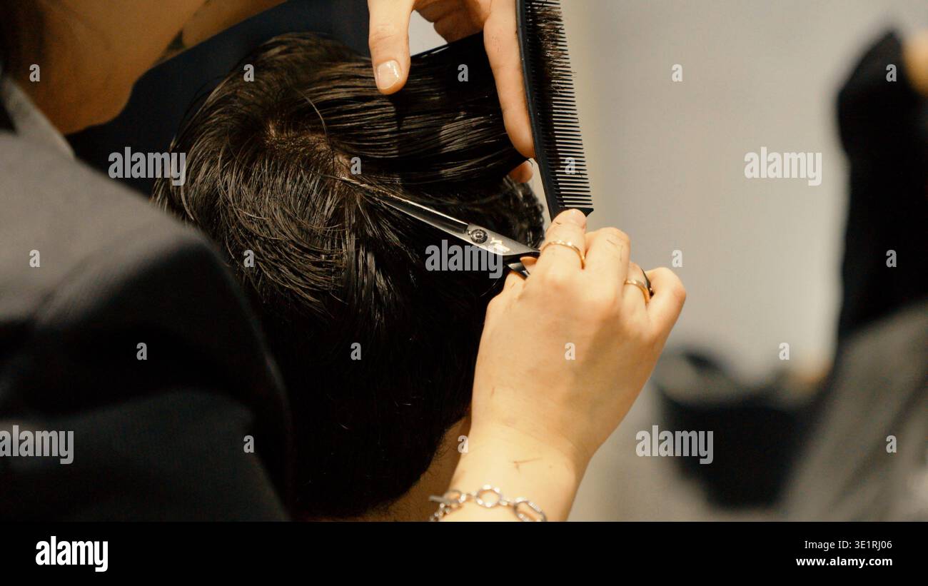 Barber cutting hair using precision scissors in salon Stock Photo