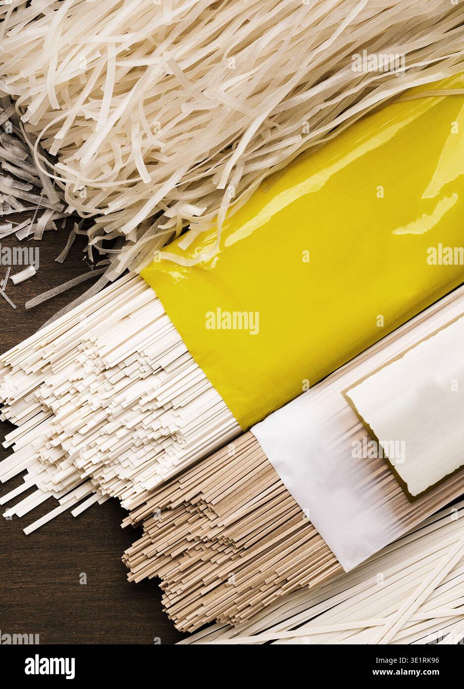 Different kinds of noodles in packs with blank label Stock Photo