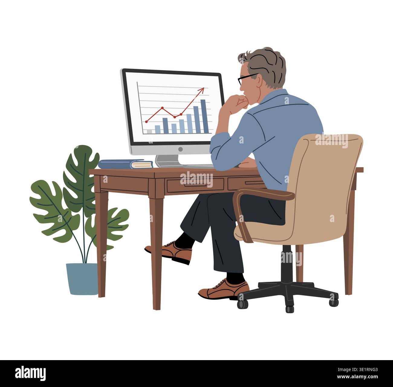Business Man sits at desk, analyzing graph Stock Vector