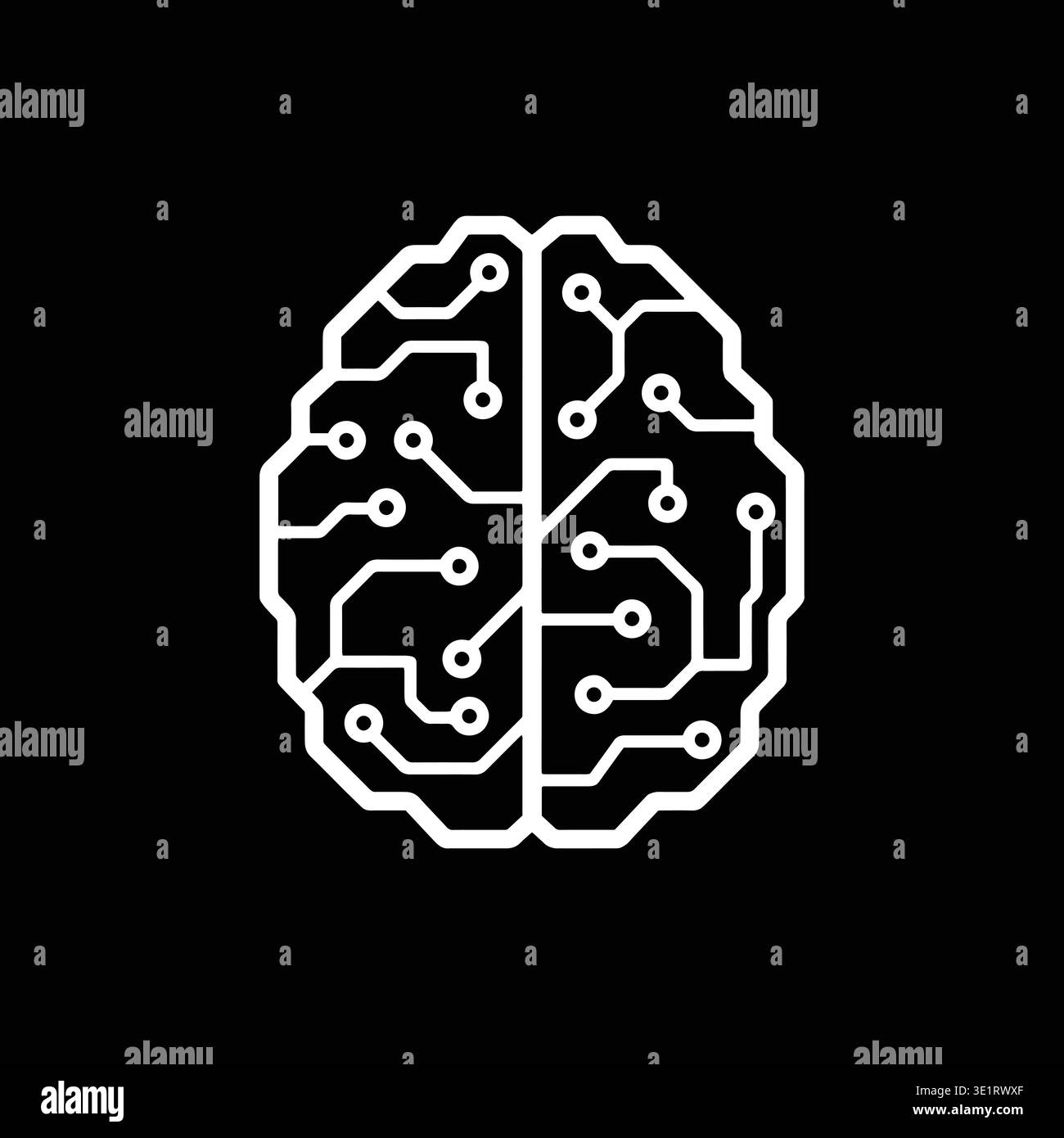 Artificial intelligence White circuit pattern overlays brain silhouette. Black background creates sharp, modern contrast. Design symbolizes artificial Stock Vector
