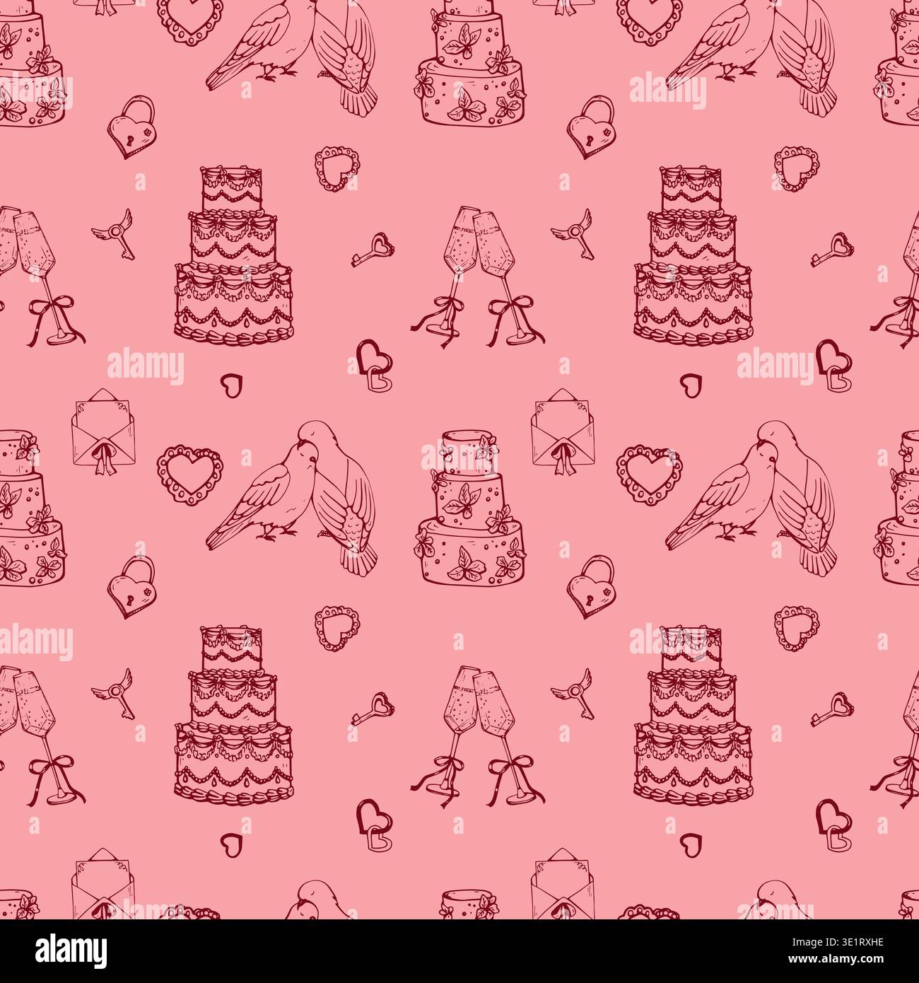 Wedding and Romantic pattern with coquet cake Stock Vector
