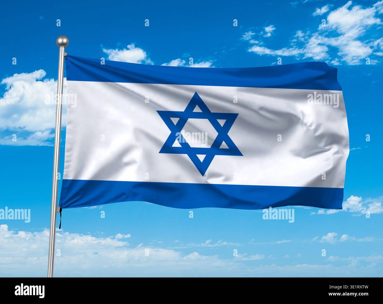 Flag of Israel waving in the blue sky. Stock Photo