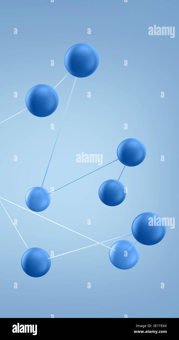 Abstract 3d rendering showing blue spheres forming a molecular or data network on a light blue background Stock Photo