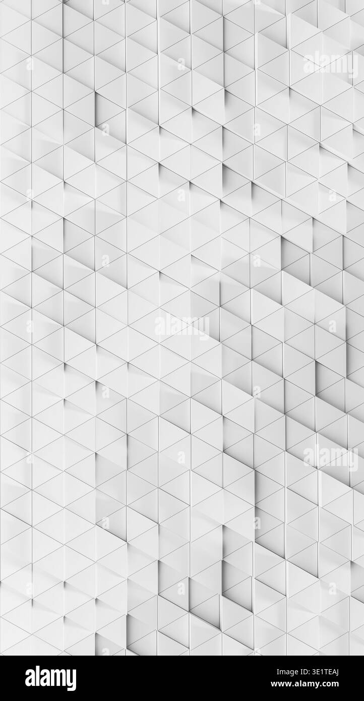 Abstract background surface featuring a dynamic geometric pattern of white triangular shapes, creating a modern clean texture Stock Photo