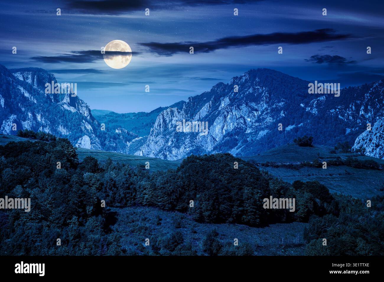 beautiful countryside at night. beautiful countryside at night. full moon over wonderful springtime landscape in mountains. grassy field and rolling h Stock Photo
