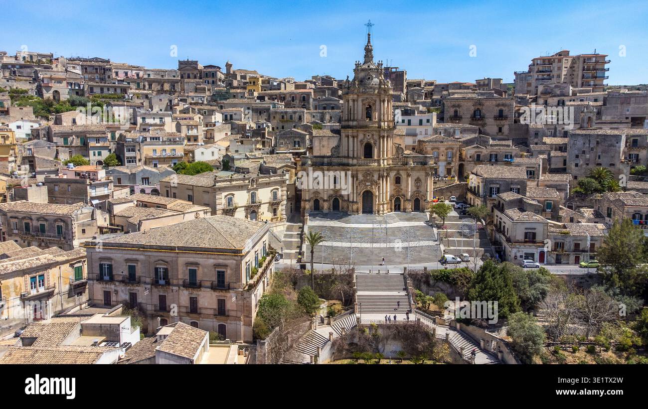 Wide aerial view of San Giorgio Cathedral in Modica, a masterpiece of ...