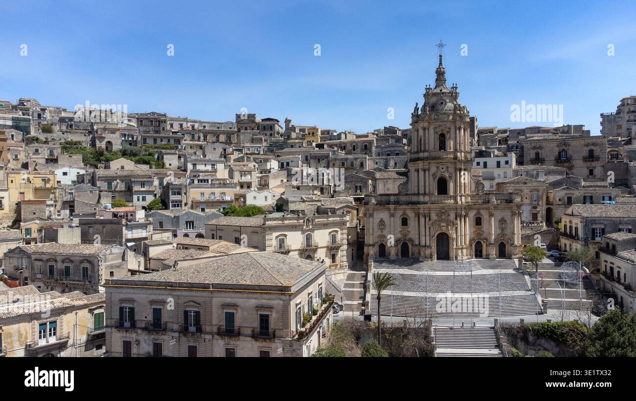 Wide aerial view of San Giorgio Cathedral in Modica, a masterpiece of ...