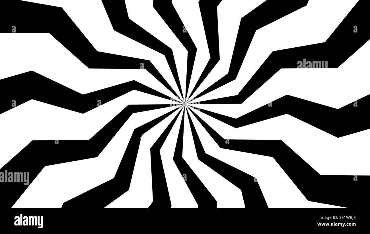Optical illusion with radial black and white zigzag patterns creating hypnotic spiral effect. Bold geometric background with sharp lines and psychedelic burst design. Stock Vector