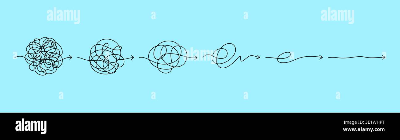 Simplify problem process to easy complex tasks, psychology, vector mind transform. Progression from a chaotic, tangled scribble gradually transforming into a smooth, straight line of mind thoughts Stock Vector