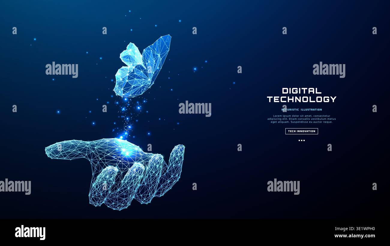Digital butterfly emerges from hand against abstract tech background Stock Vector