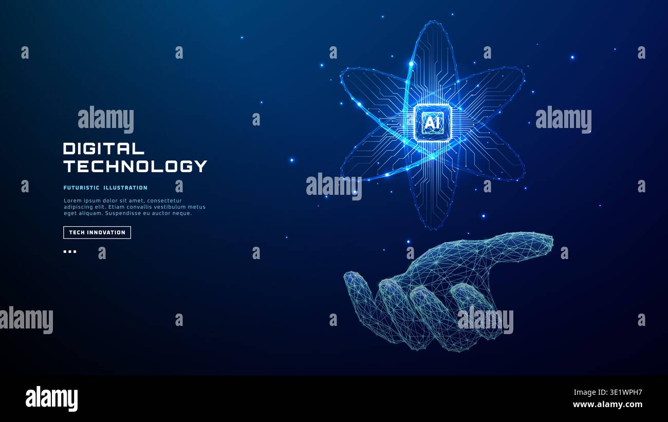 Digital wireframe hand holding AI chip hologram with atom icon. Stock Vector