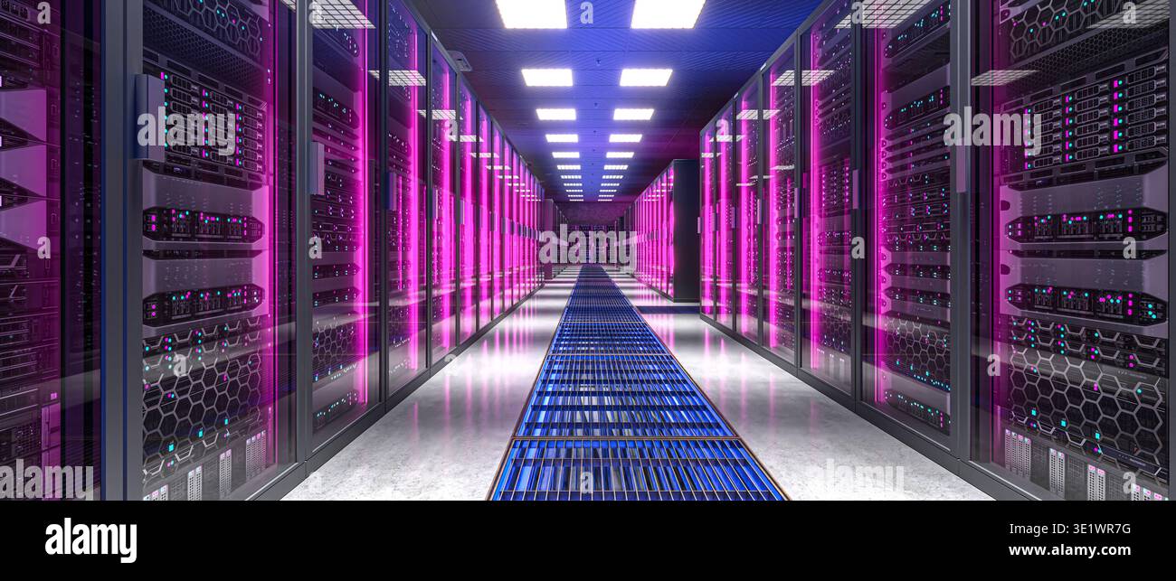 Server racks with glowing lights 3d data center Stock Photo