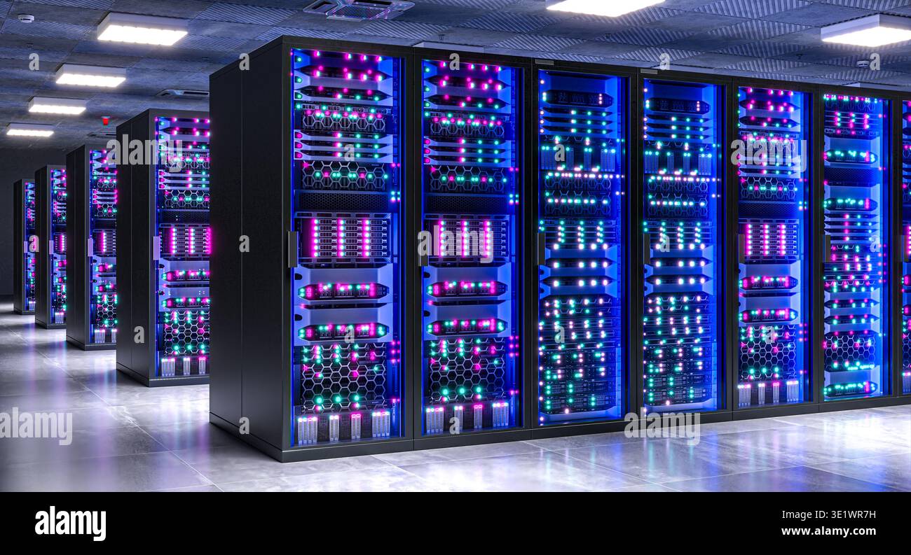 Data center racks holding servers 3d Stock Photo