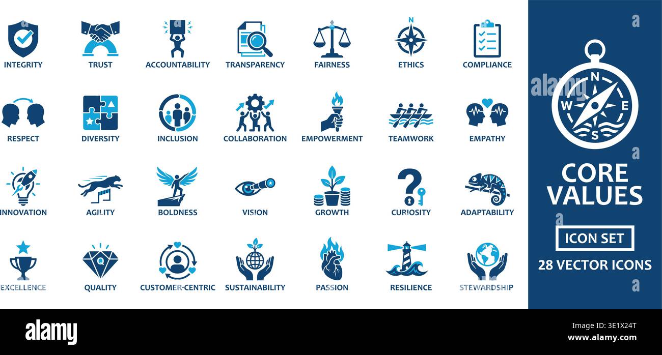 A comprehensive collection of 28 core values icons designed for ...