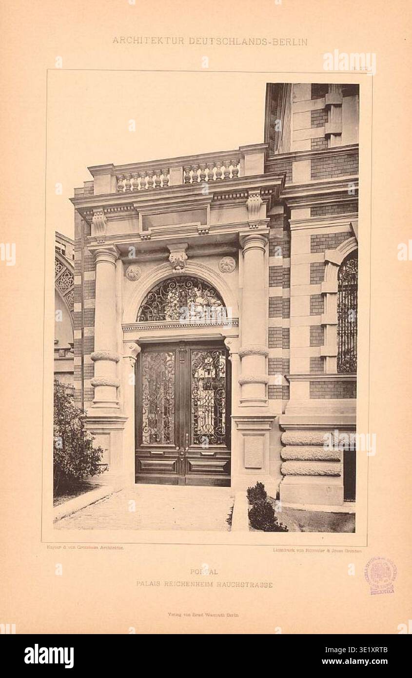 Palais Reichenheim was a residential palace building in Berlin designed by architects Kayser & von Großheim and situated at Rauchstraße 21 in the Tiergarten district. The archival photographic record documents a historical photographic print issued by Römmmler & Jonas in 1882 showing the portal entrance with wrought-iron grille work created by Ed. Puls. Stock Photo