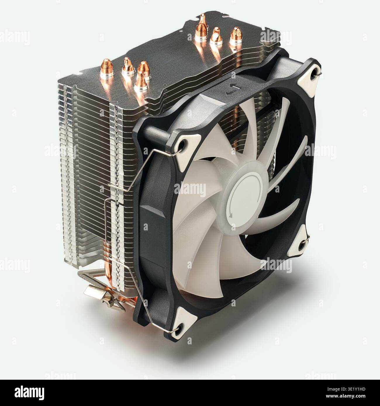 tower type cpu air cooler with aluminum heatsink and white fan isolated ...