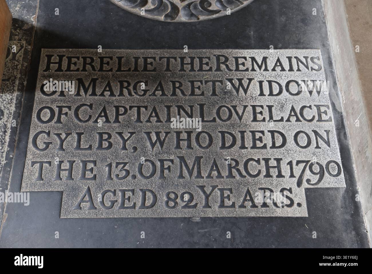 Inscribed gravestone to Margaret, widow of Captain Lovelace Gylby, inside St Mary’s Church, Beverley, East Riding of Yorkshire. Stock Photo