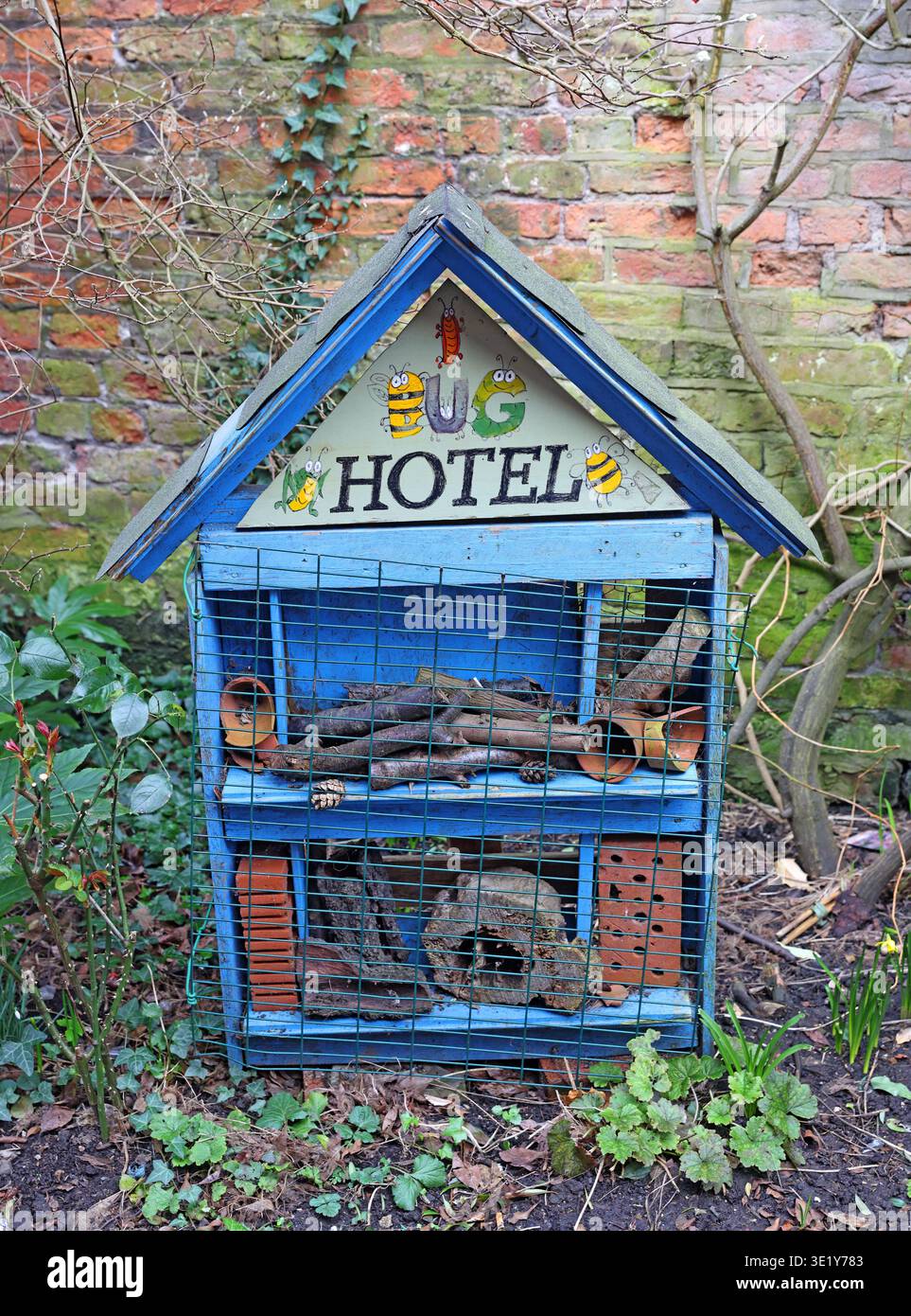 Colourful handmade bug hotel in Beverley, East Riding of Yorkshire, England. Stock Photo